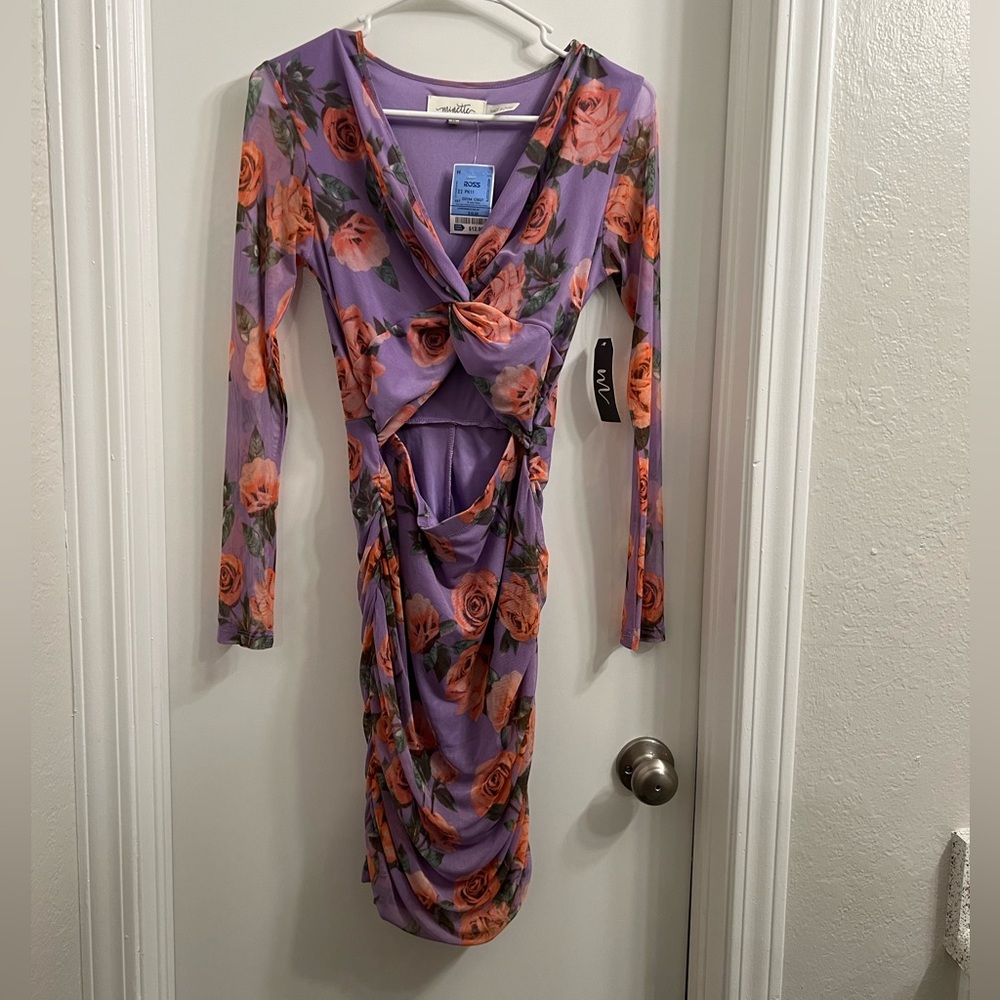 Purple floral long sleeve mesh dress